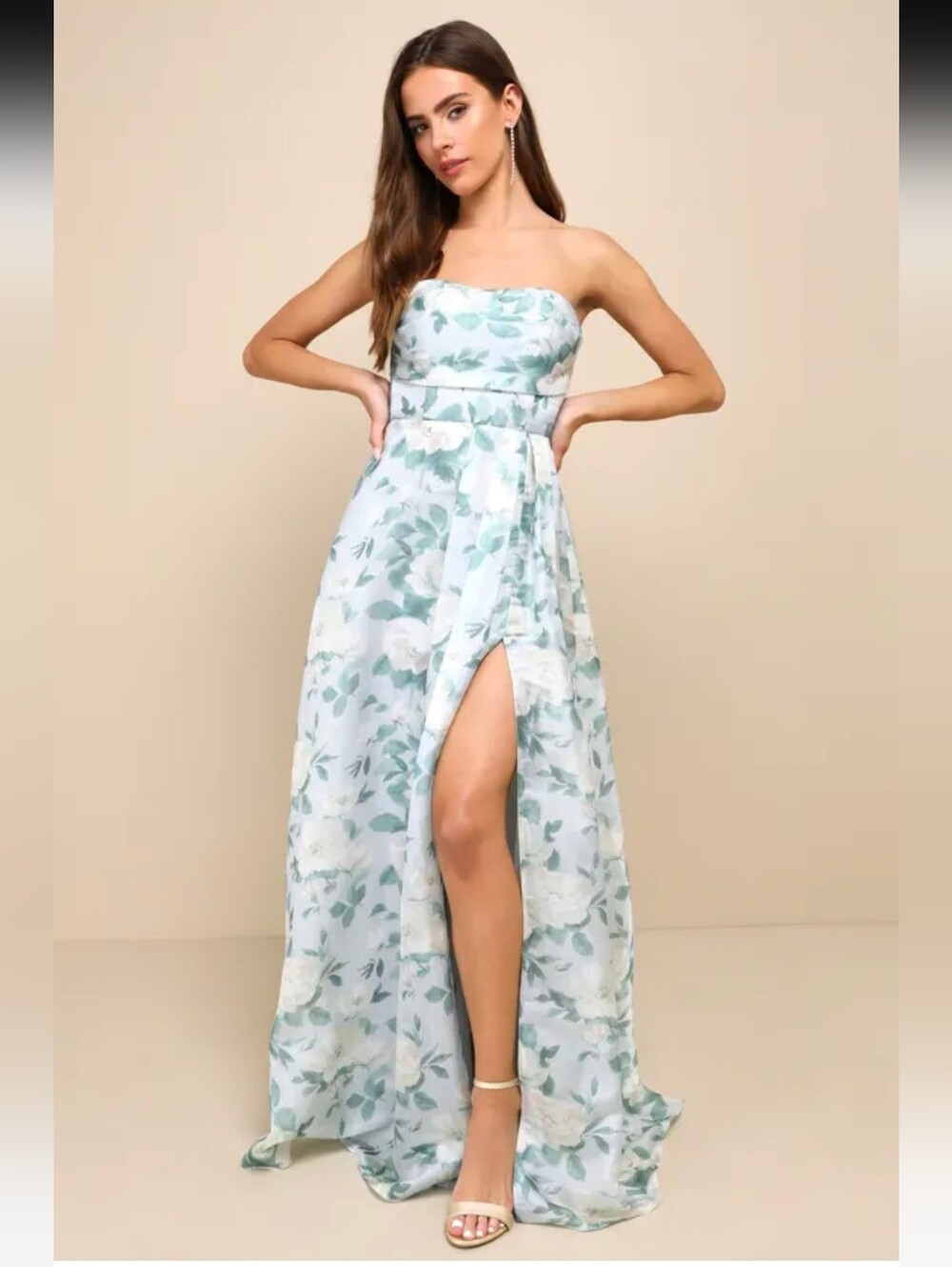 Strapless Floral A-Line Evening Dress in Sage Green By Lulus